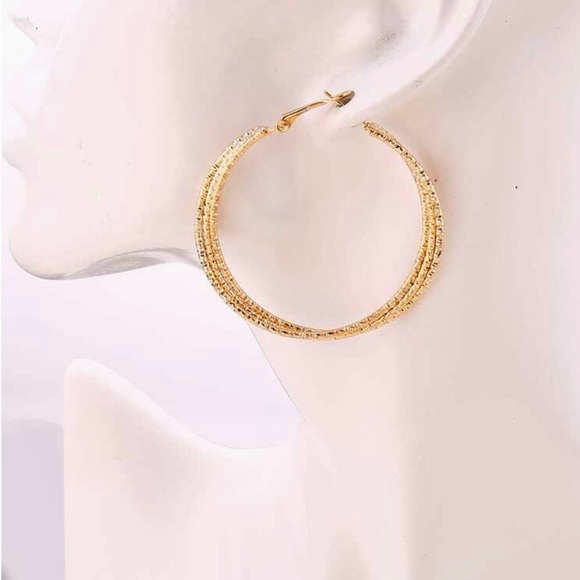 Textured Hoop Layerd Yellow Gold Metal earings - Picture 3 of 3